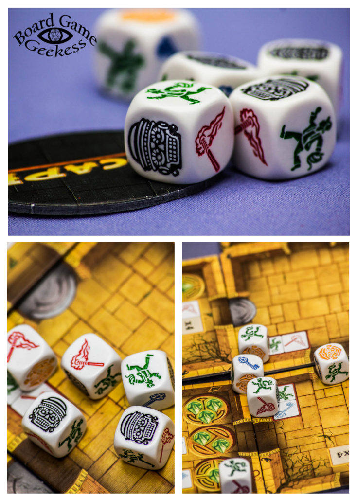 close ups of Escape! board game dice