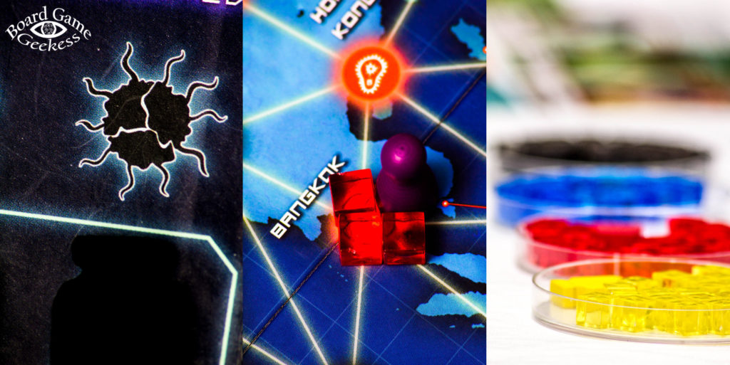close ups of Pandemic Board Game disease graphics and tokens