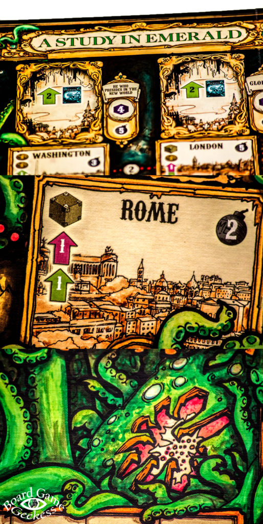 close ups of the study in emerald board