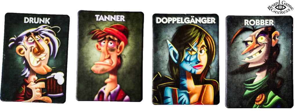 character cards for the drunk, tanner, doppelganger and robber in one night ultimate werewolf