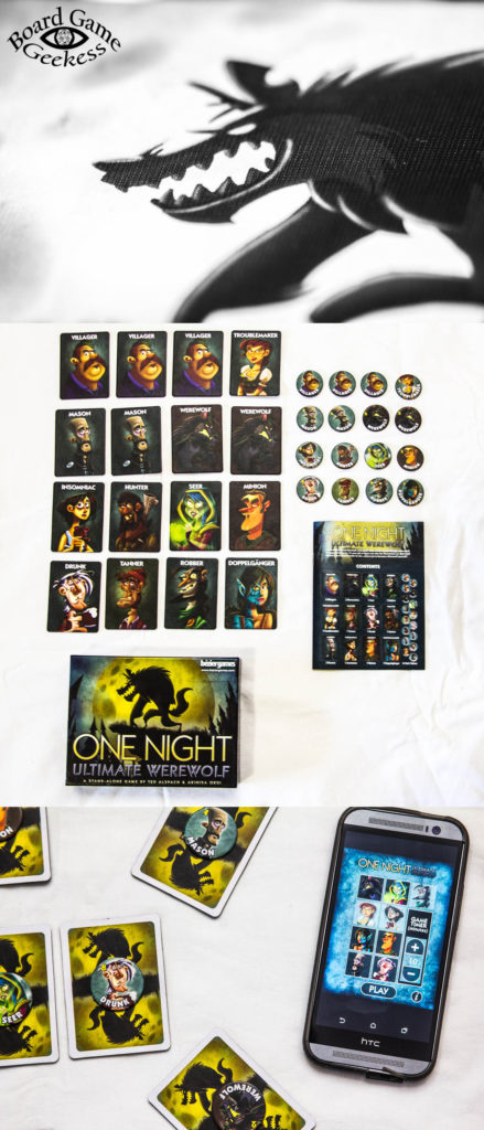 close up, box contents and app for one night ultimate werewolf